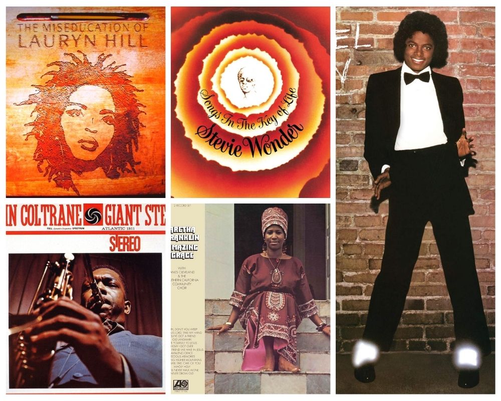 collage of black music albums